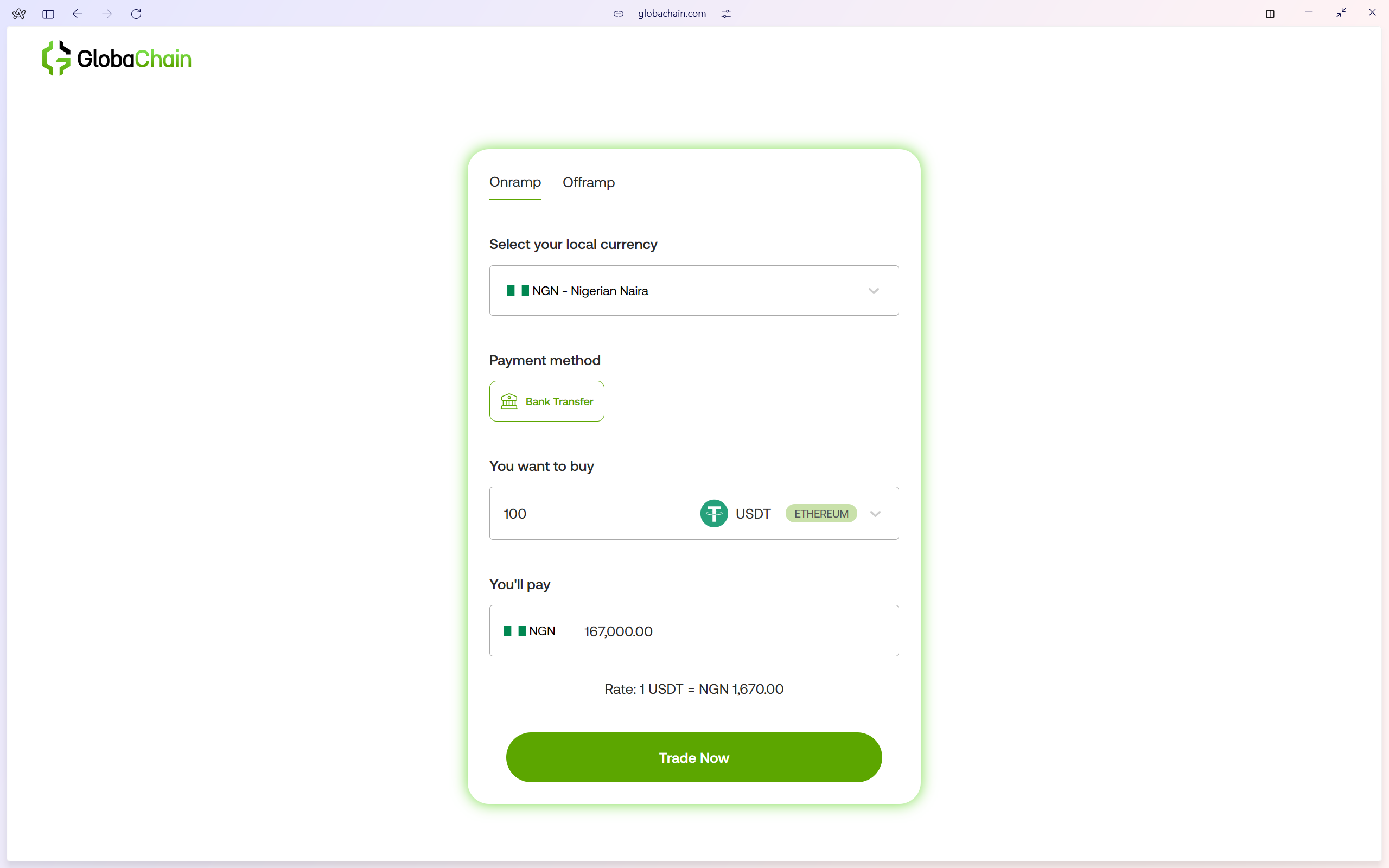 GlobaChain On/Off-ramp Widget